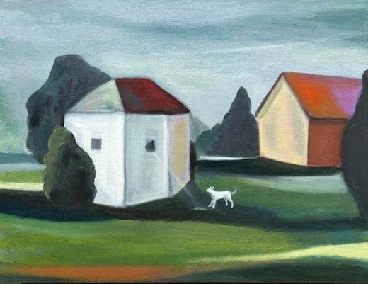 Red roof , White dog