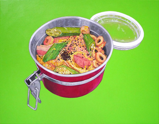 BENTO-May 19, 2018(熱量631kcal、蛋白質19g、脂質20g、炭水化物88.6g、塩分9g/原材料名:御飯、卵、おくら、ベーコン、ちくわ、醤油、粉末だし、みりん風調味料、砂糖、ごま)